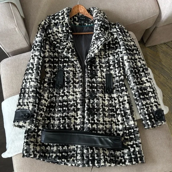 Arden B Black and White Pea Coat with Belt - Picture 1 of 3